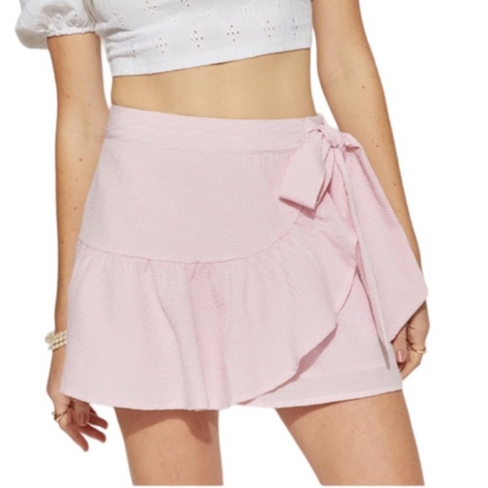 Francesca’s Blue Rain Pink White Striped Wrap Skort Bow Front Size Medium
